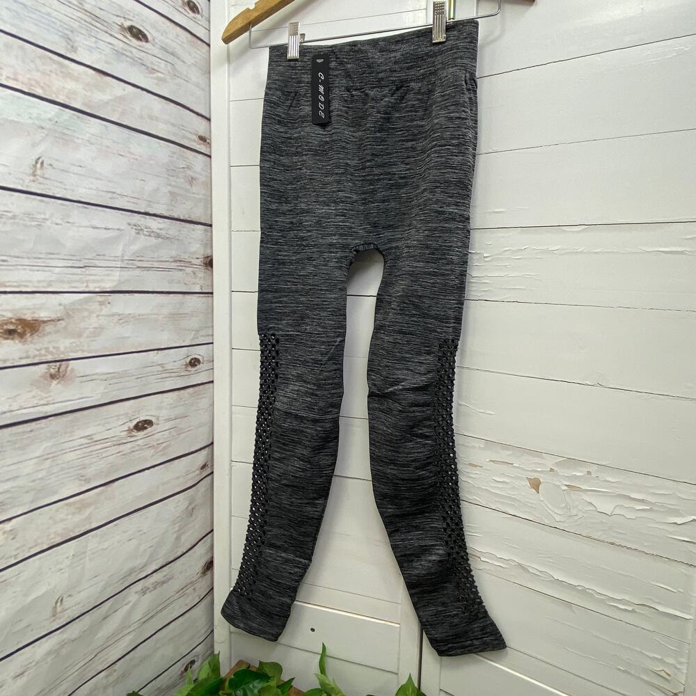 C-Mode Women's Leggings Gray Black Seamless Full Length Cut Out Side Leg Size 1